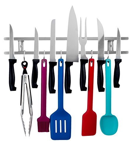 18 Inch Stainless Steel Knife & Utensil Holder With 7 Hooks - Wall Mounted Magnetic knife Strip - Includes Assembly instructions, Hardware & A Mini Level for Easy installation - By Wellington Wares