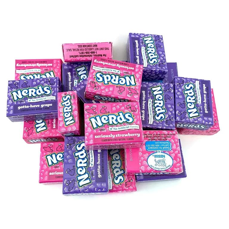 Nerdz Mini Boxes Grape & Strawberry Flavors 25 Pink & Blue Small boxes Of Delicious Chewy Candy Packaged By Snackadilly