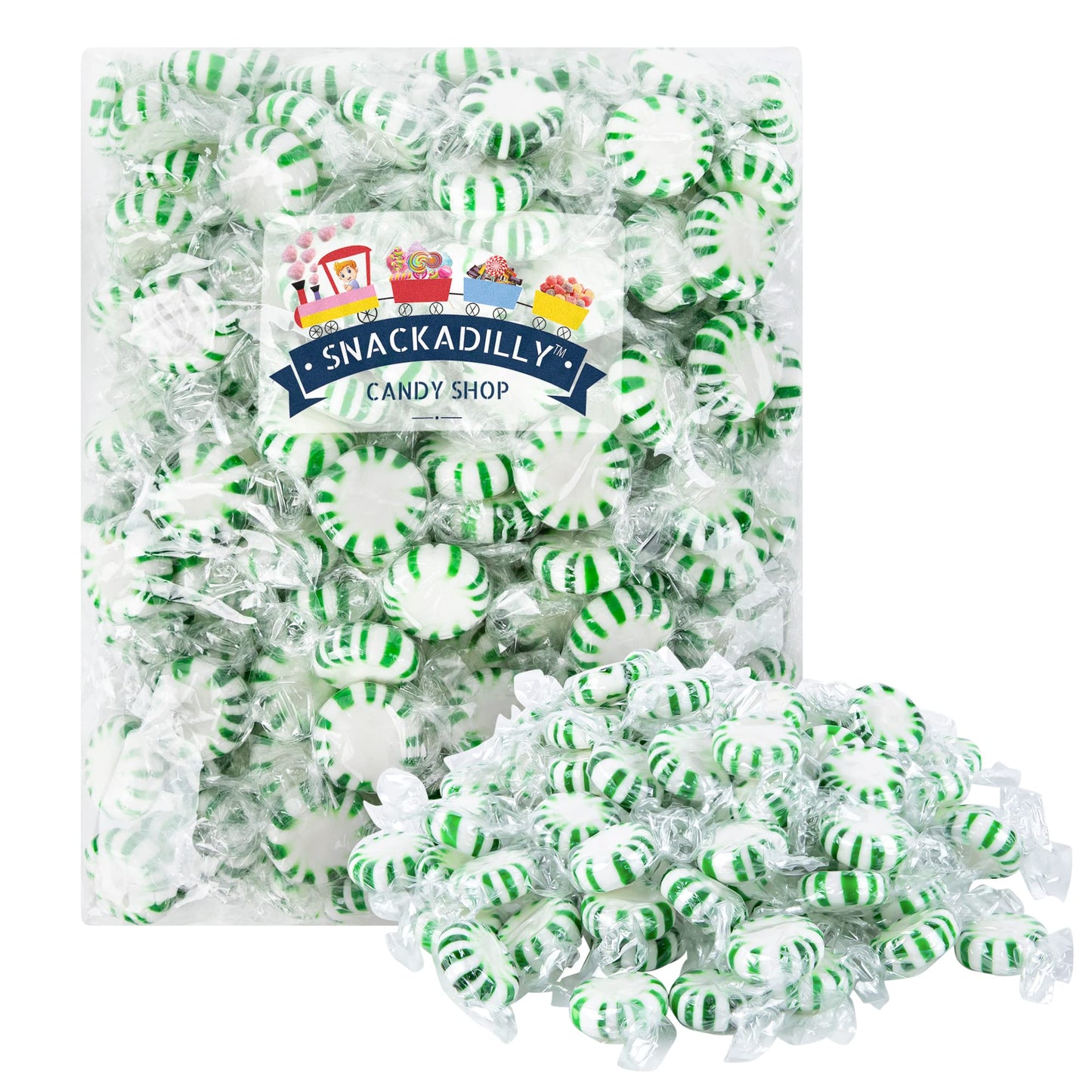 Spearmint Starlights - 2lb bag of Green & White Pinwheel Spearmint Candy - Refreshing Spearmint Hard Candy Packaged By Snackadilly
