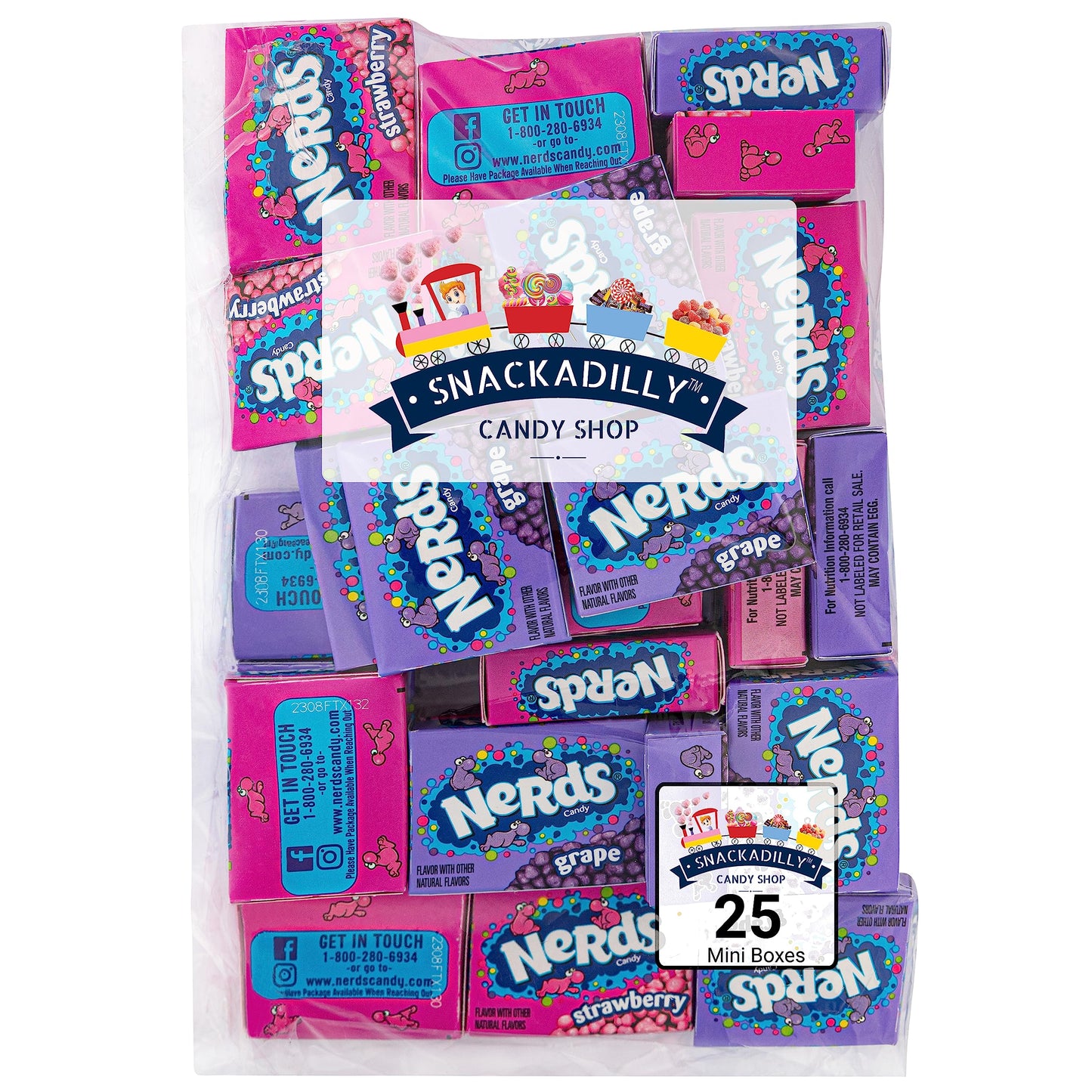 Nerdz Mini Boxes Grape & Strawberry Flavors 25 Pink & Blue Small boxes Of Delicious Chewy Candy Packaged By Snackadilly