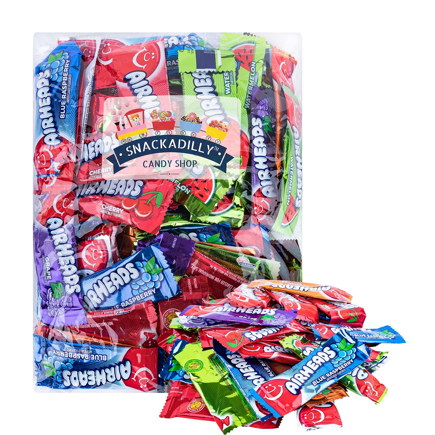 Airheadz Mini Bars Assortment - 2 Lbs Of Cherry, Orange, Lime, Blue Raspberry, & White Mystery Flavors Freshly Packaged By Snackadilly