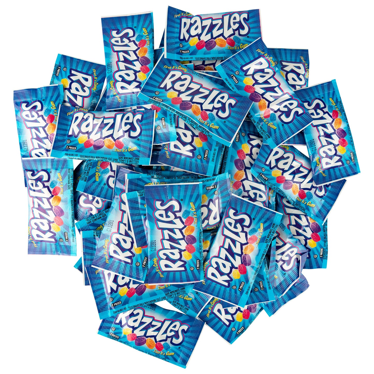 Razzles Candy Gum - 100 Packs Of Chewing Gum - 2 Pieces Per Pack - Candy Coated Chewing Gum - Freshly Packed By Snackadilly