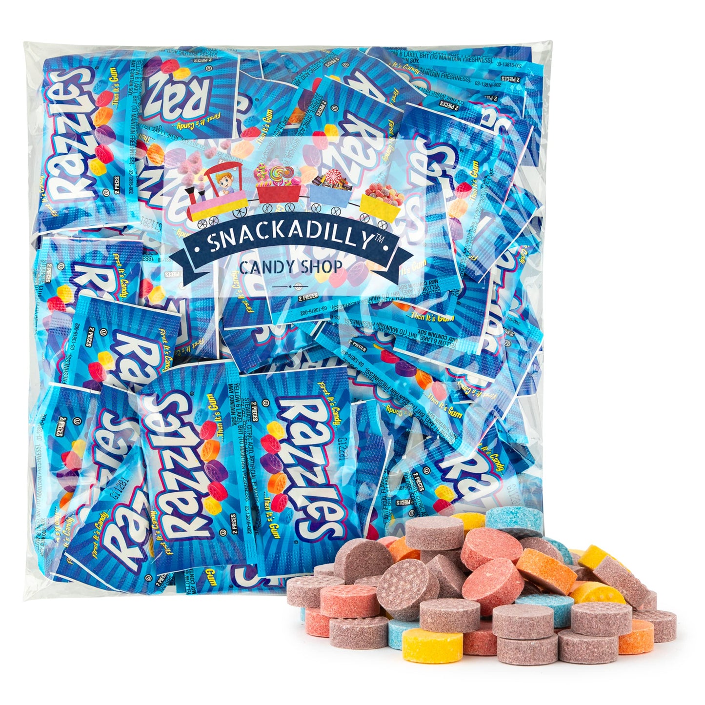 Razzles Candy Gum - 100 Packs Of Chewing Gum - 2 Pieces Per Pack - Candy Coated Chewing Gum - Freshly Packed By Snackadilly
